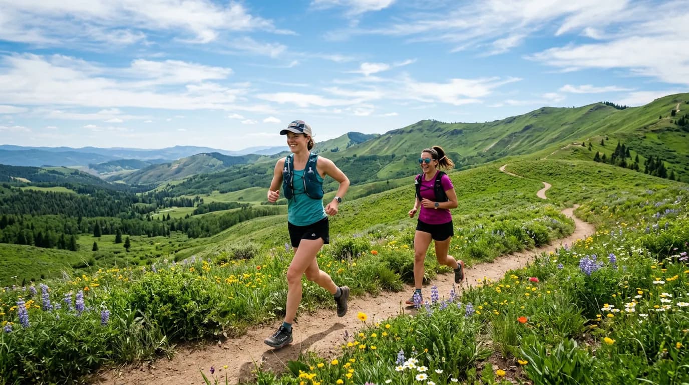 Two friends trail running on a green hillside with wildflowers