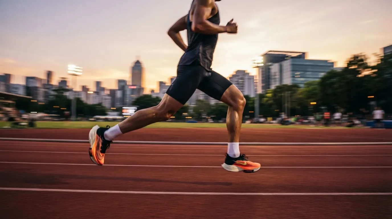 Motion-blurred runner legs mid-stride on a track