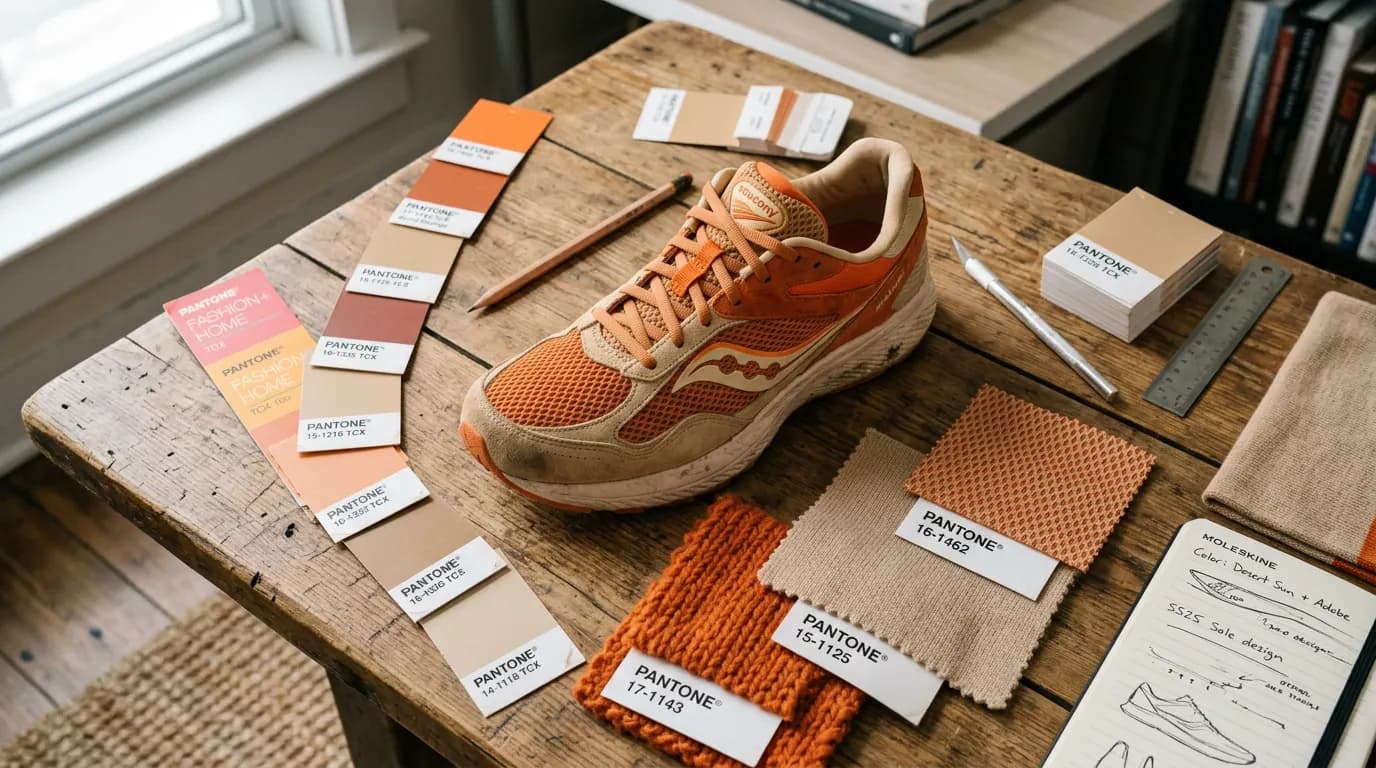Orange and sand color swatches around a running shoe on a design table