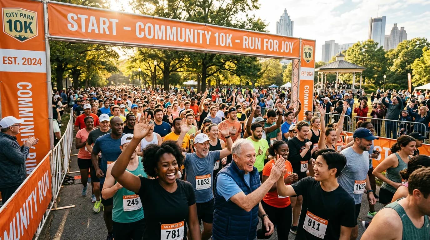Crowd of runners at the start of a community 10K in a city park