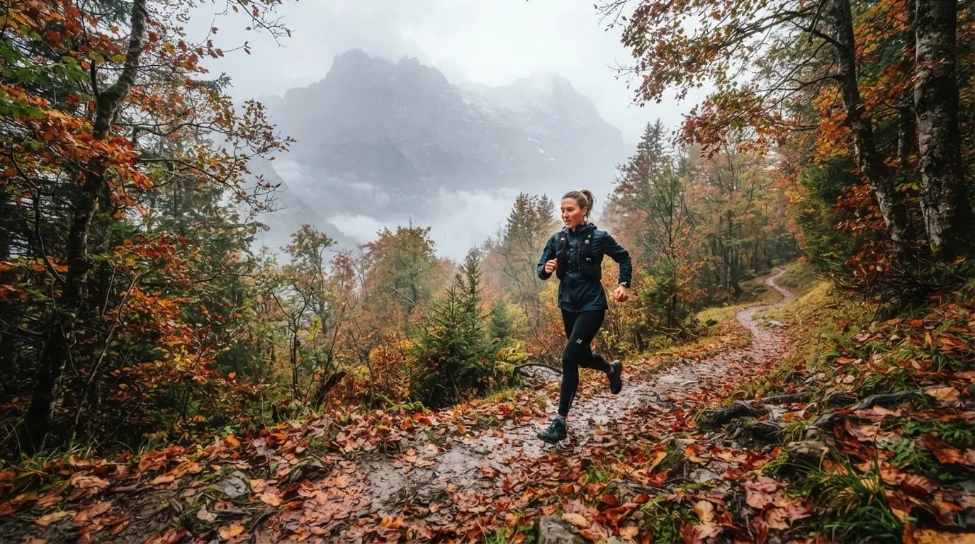 Trail runner on a forest path covered in autumn leaves