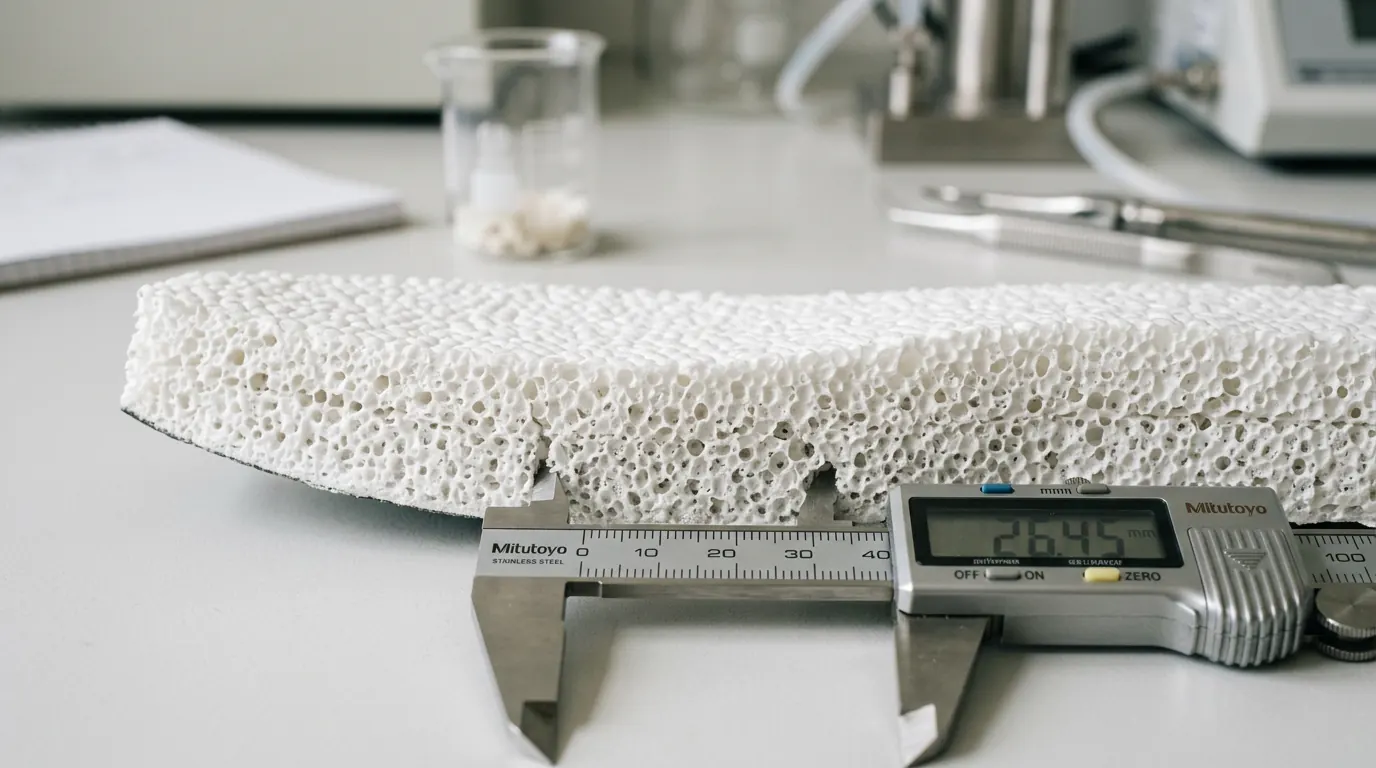 Macro cross-section of a running shoe foam midsole in a lab