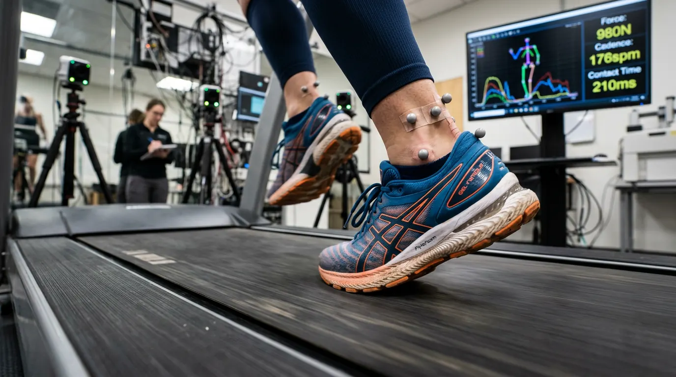 Running shoe landing on a treadmill with motion capture markers