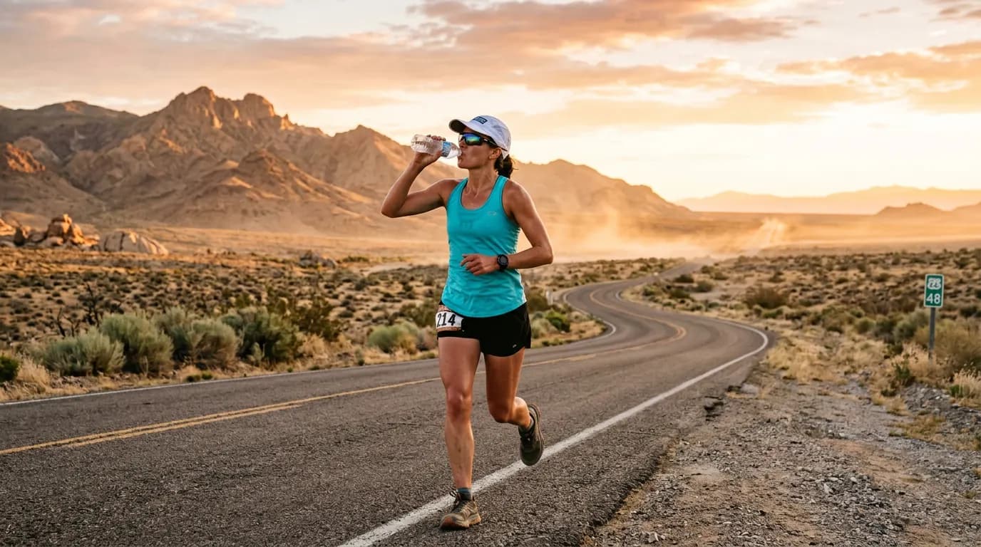 Runner drinking water on a sunny desert road at sunrise