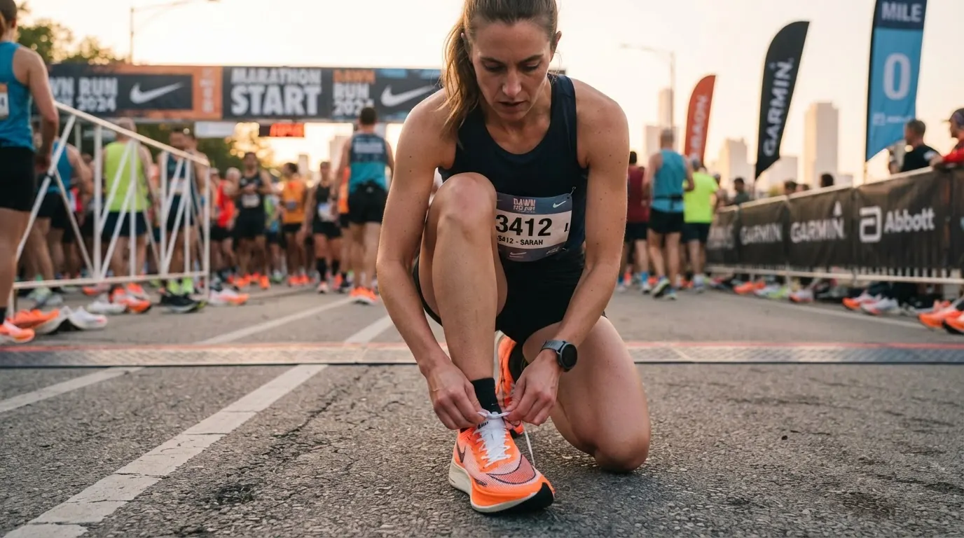 Runner lacing orange running shoes at a race start line at dawn