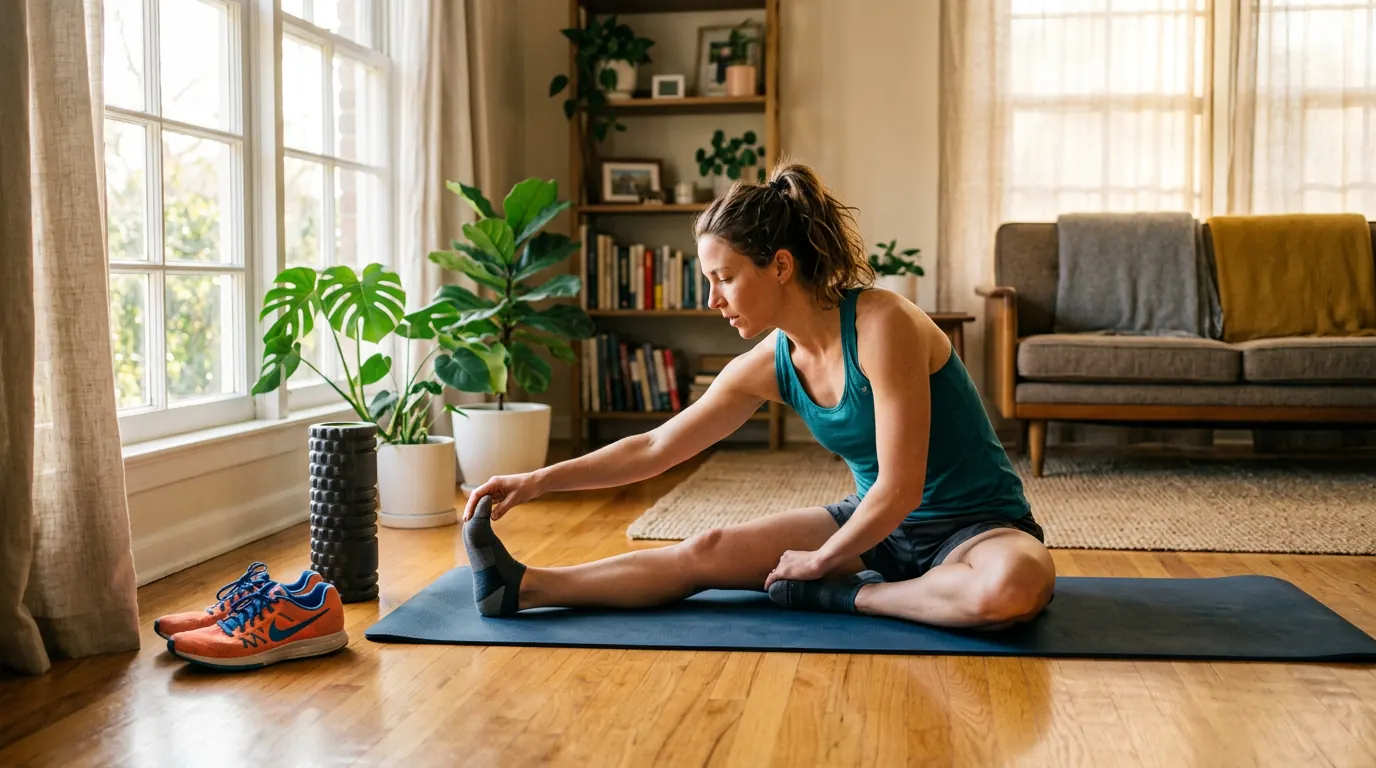 Runner stretching on a yoga mat in a sunlit living room