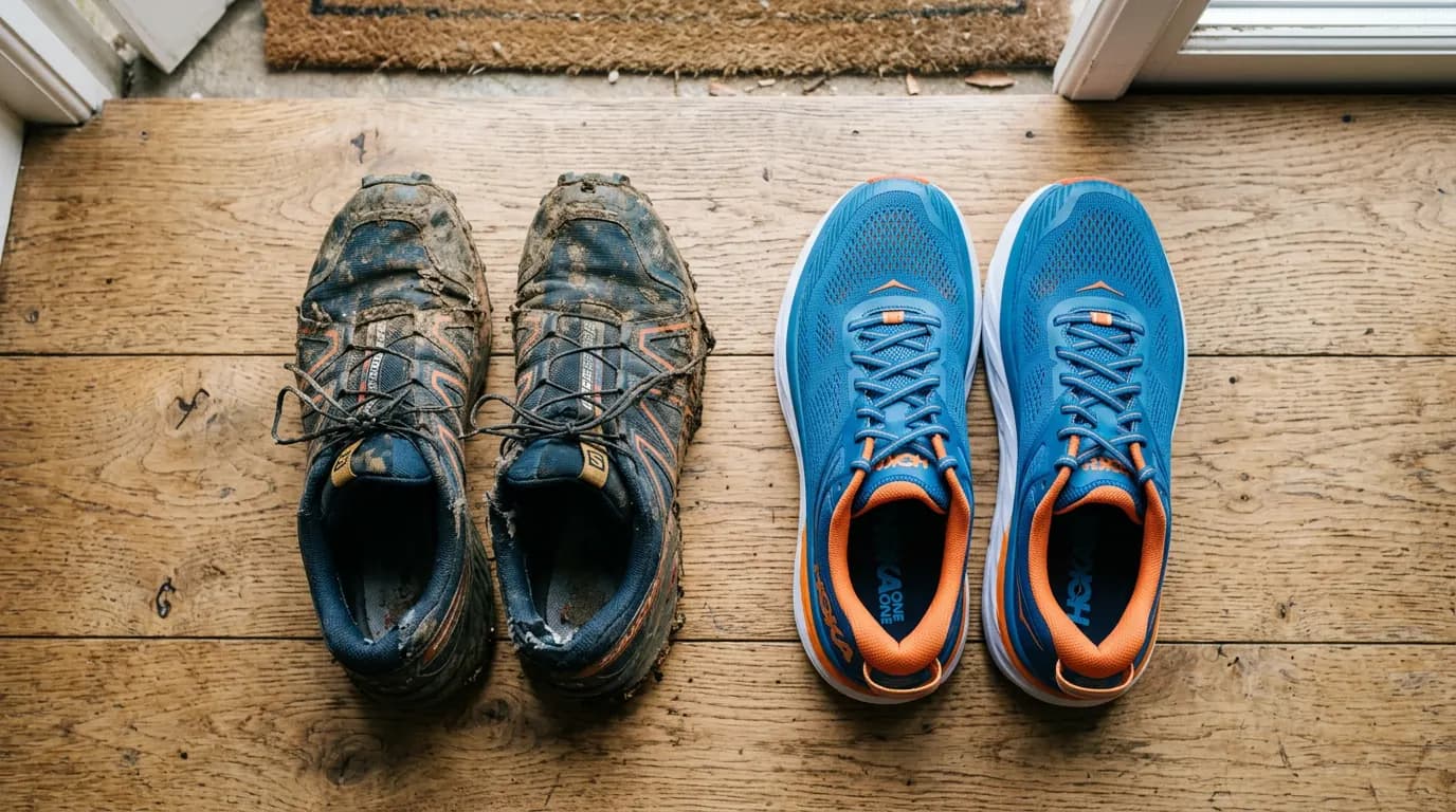 Worn muddy running shoes beside a new clean pair