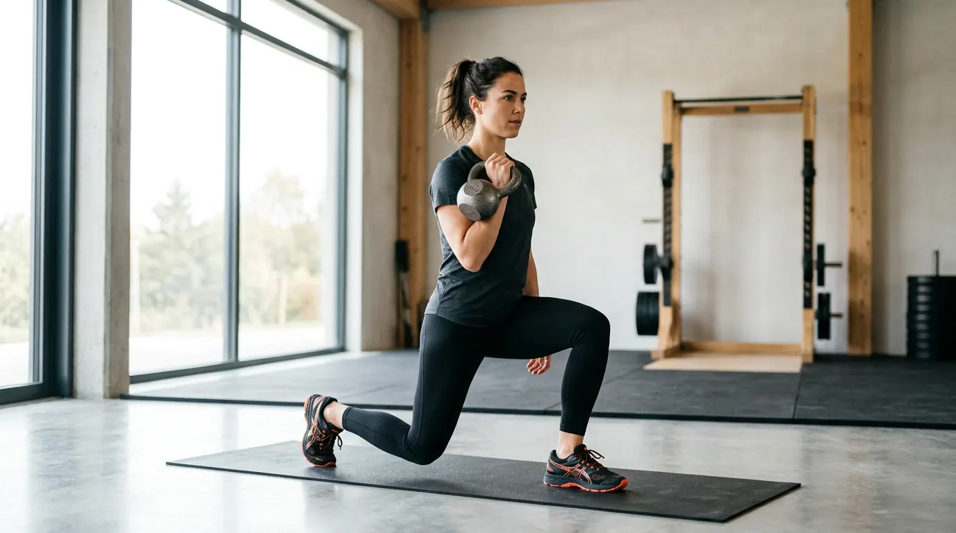 Runner doing a single-leg lunge with a kettlebell in a bright gym