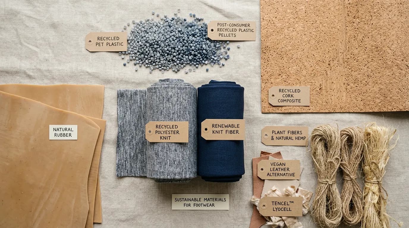 Flat lay of recycled pellets, knit fabric, natural rubber, and cork