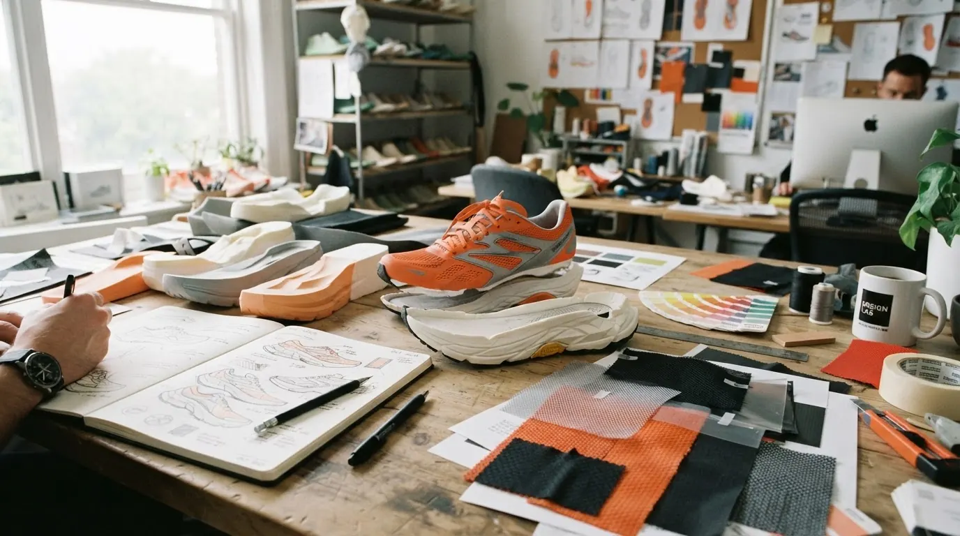 Designer desk with running shoe sketches, foam prototypes, and fabric swatches
