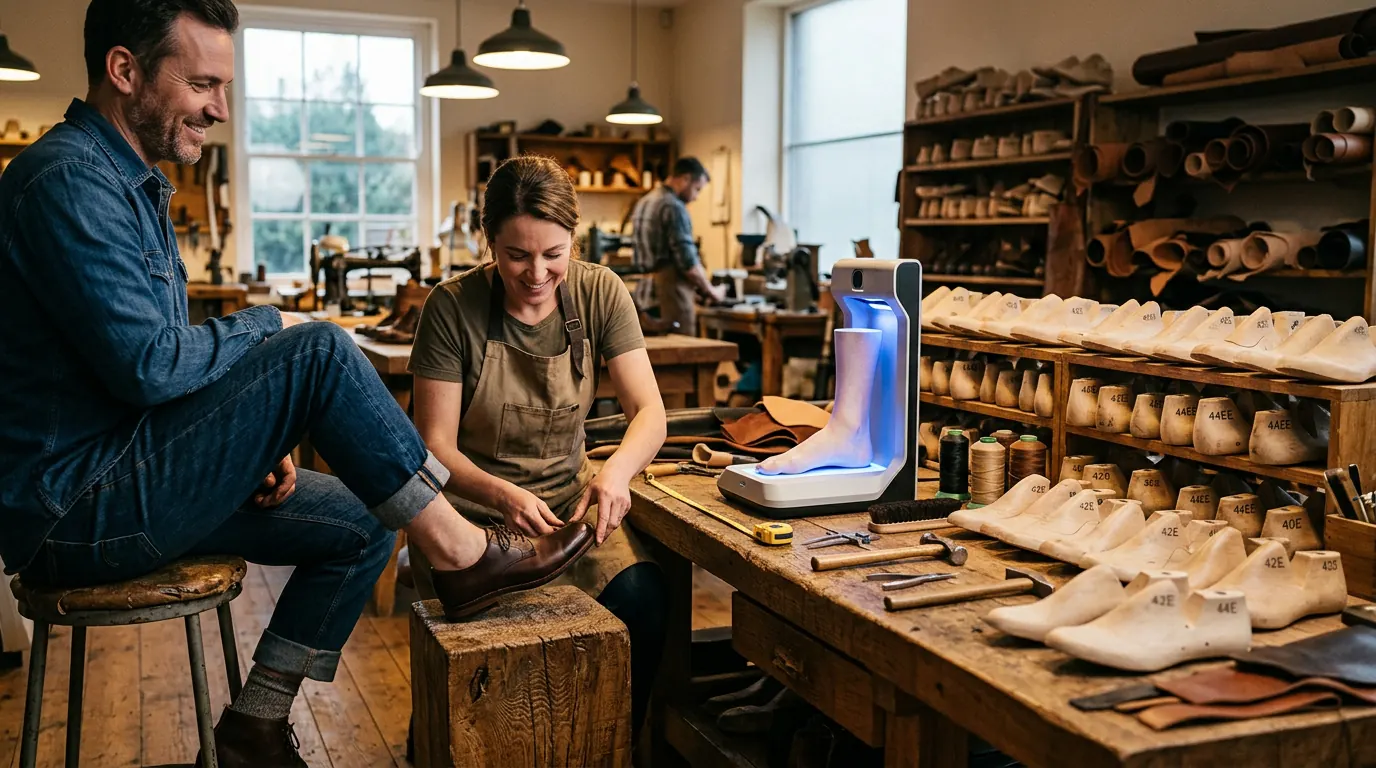 Foot scanner and wooden shoe lasts of various widths on a workbench