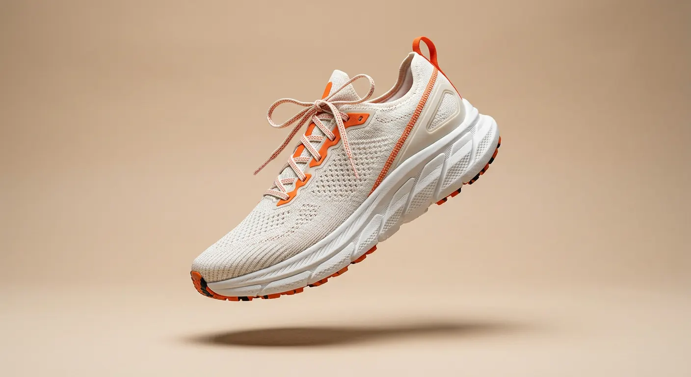 Stridesole Tempo 2 running shoe with an off-white knit upper and orange accents
