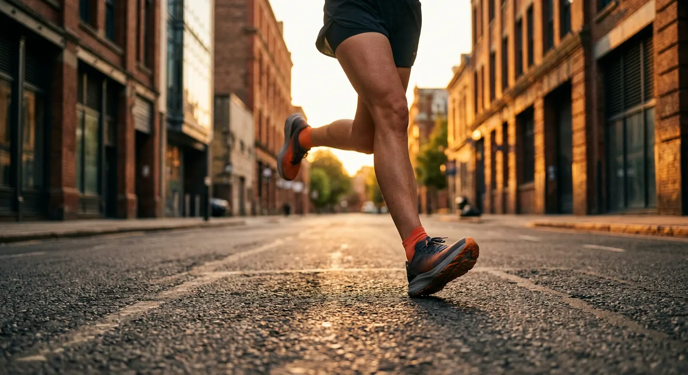 Runner mid-stride on a city street at golden hour