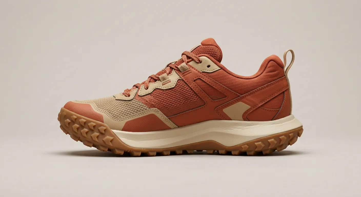 Terracotta and tan Stridesole Canyon trail shoe with a gum outsole