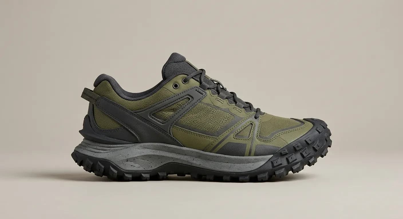 Olive and charcoal Stridesole Ridge trail shoe with a lugged outsole