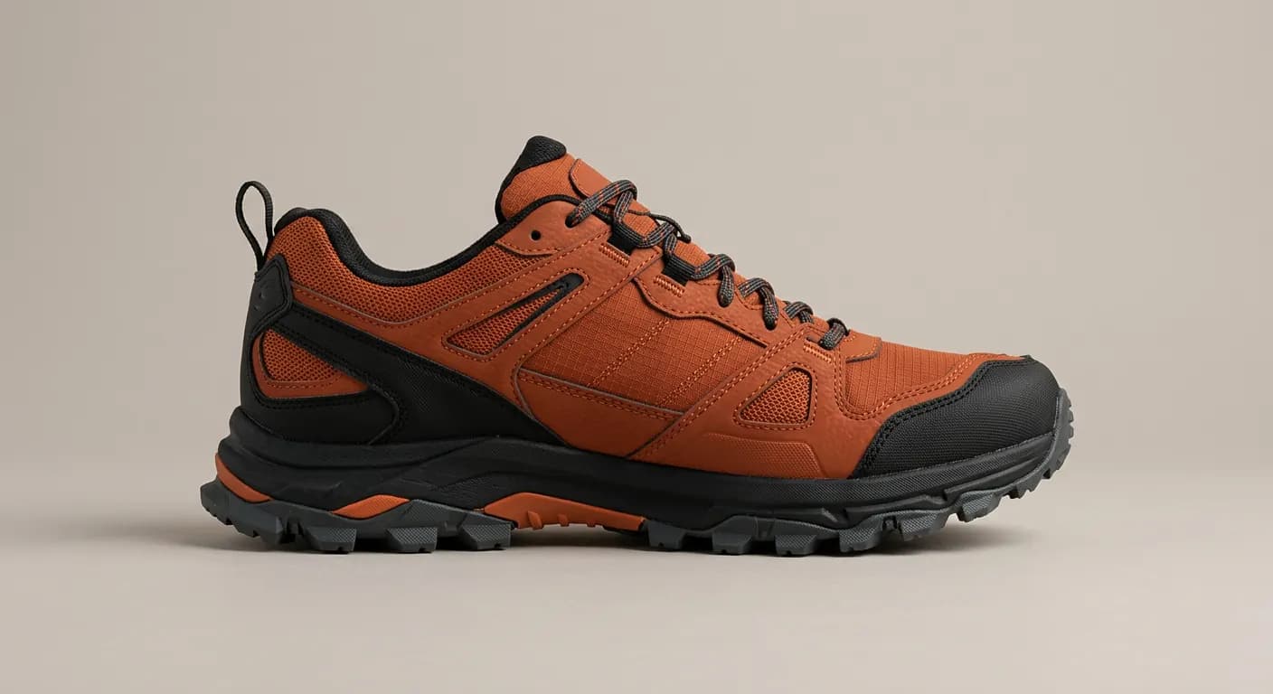 Burnt orange and black Stridesole Summit trail shoe with aggressive lugs
