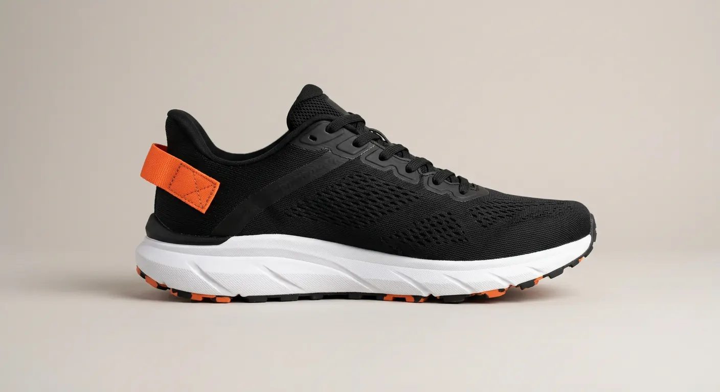 Black Stridesole Tempo 2 running shoe with an orange heel tab